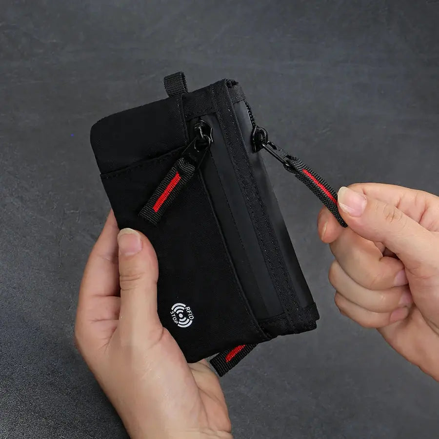 Black RFID card holder with carabiner, slim nylon anti-theft card case
