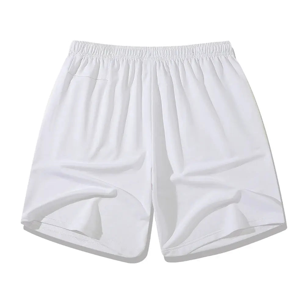 Men's white lightweight gym shorts with elastic waistband and breathable quick-dry fabric.