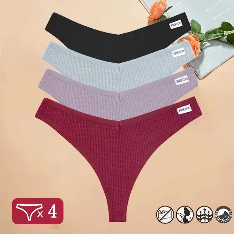 4-pack waffle cotton thong underwear for women with V-waist in black, light blue, lavender, burgundy