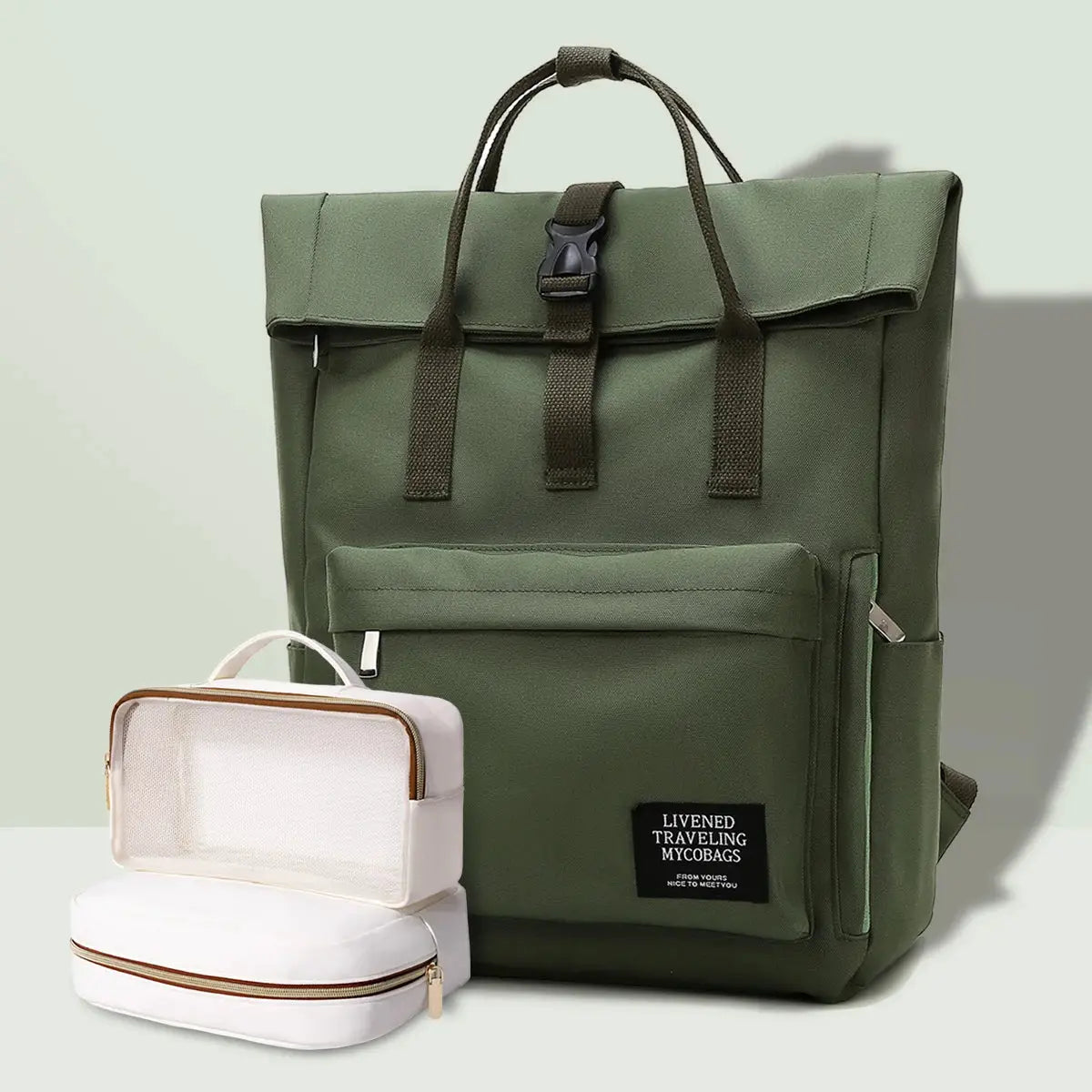 Backpack by Simples Market green, large-capacity with brown straps; white organizer case included (2-piece set).