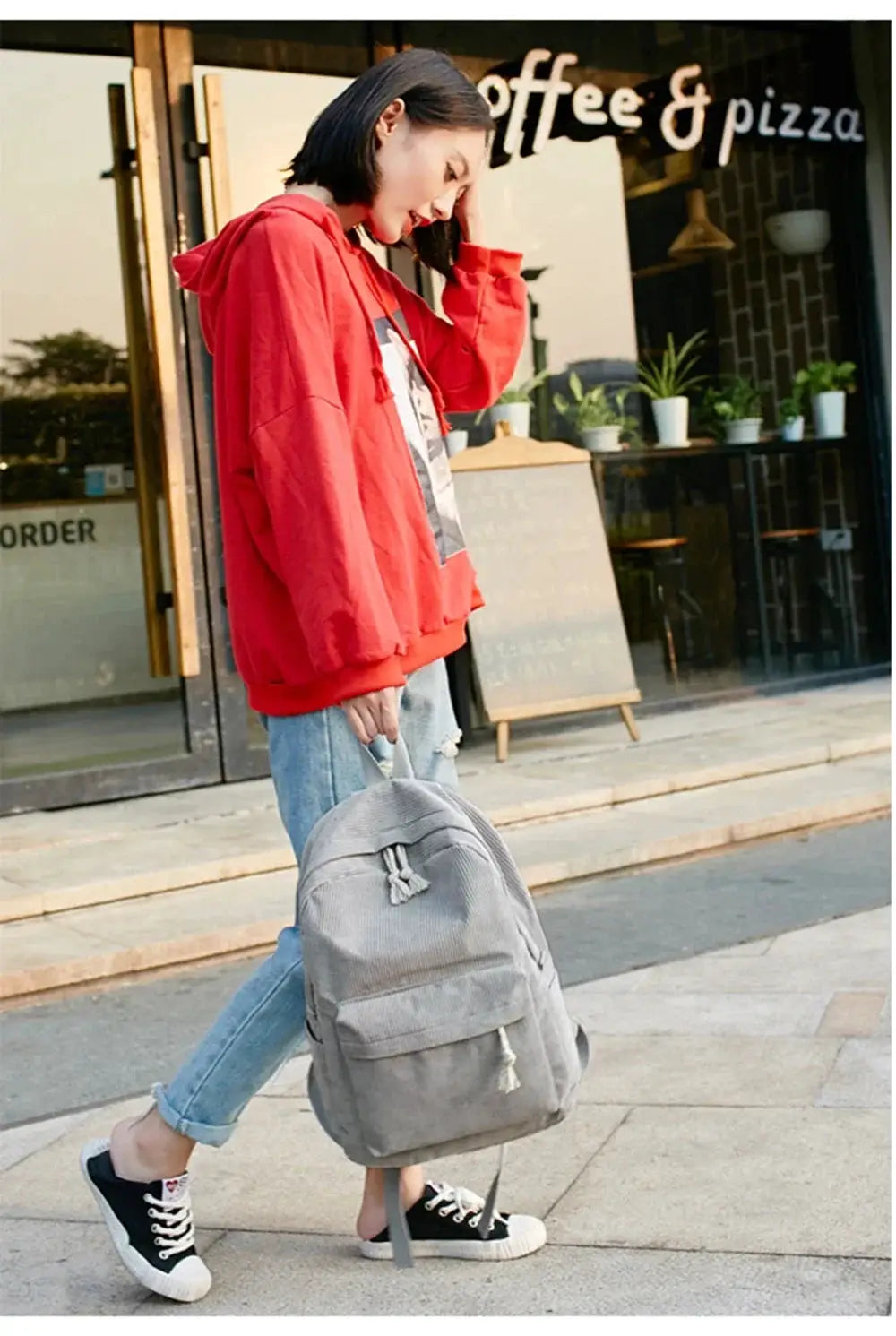 Personalized gray corduroy student backpack, unisex campus bag