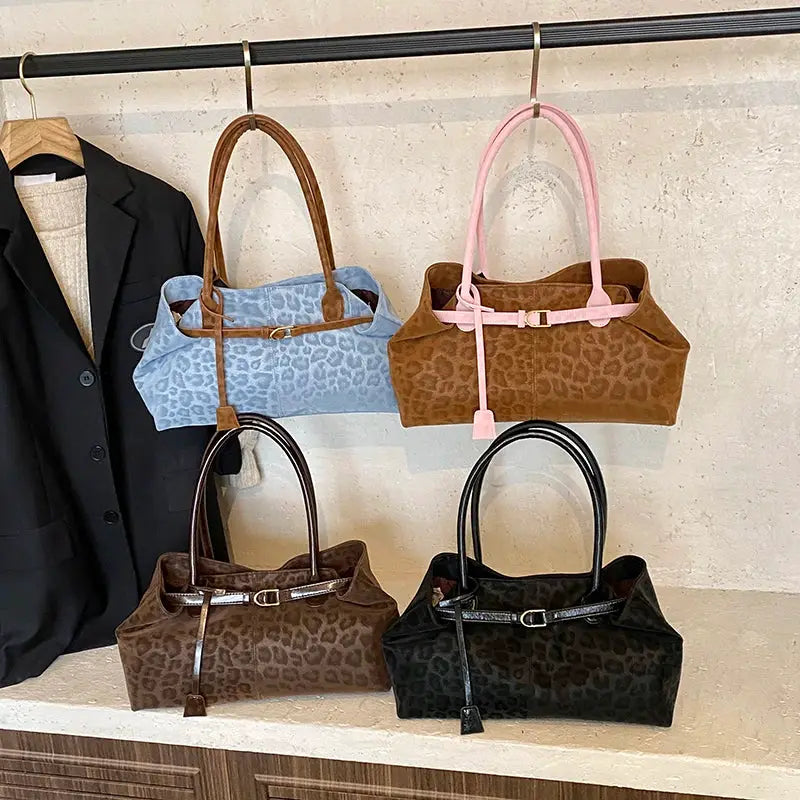 Leopard PU leather shoulder bags for women, 4 colorways (blue, tan, brown, black) with short handles