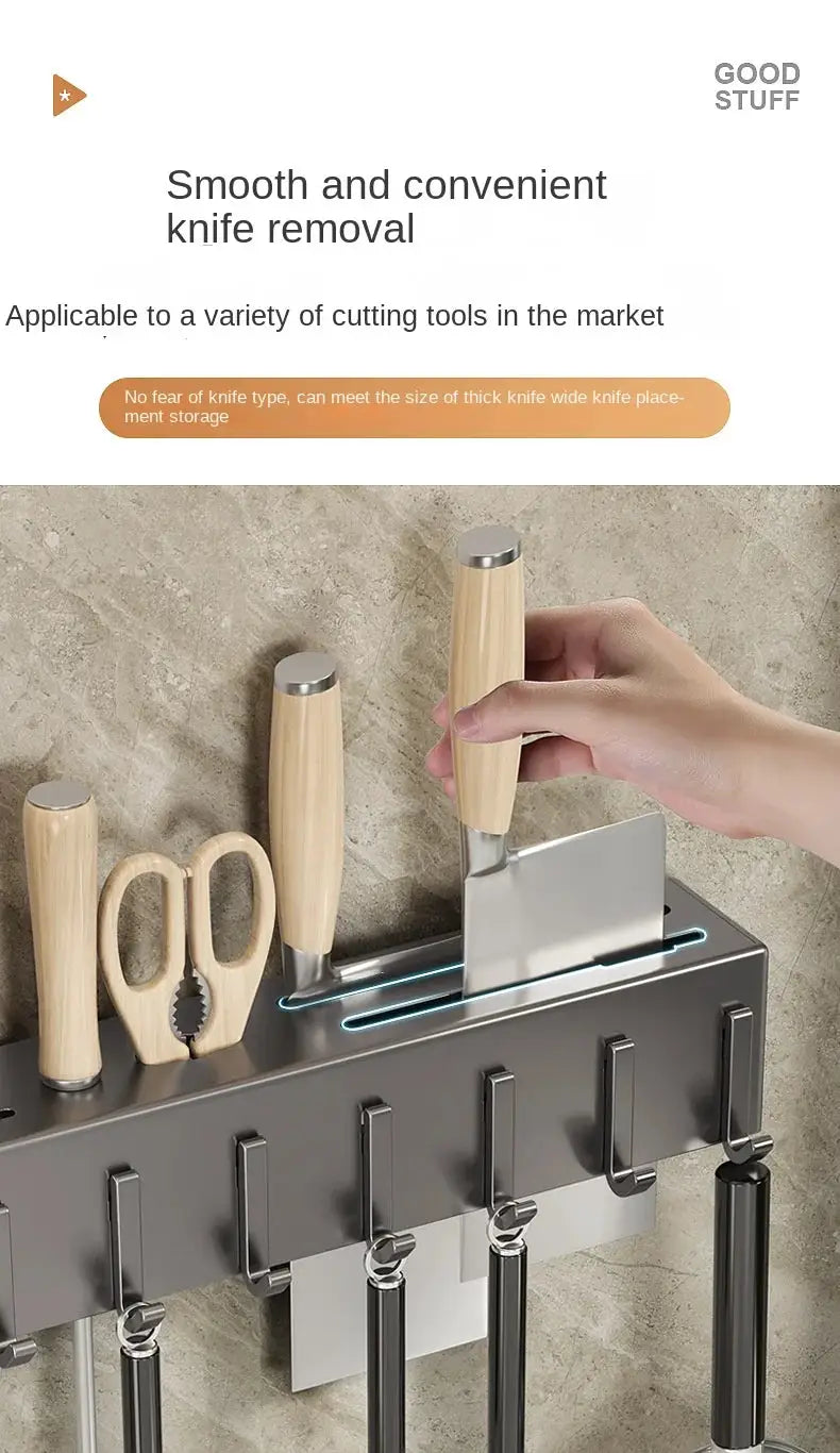 Tool-free kitchen wall shelf for knife storage with wooden-handled utensils and hanging hooks