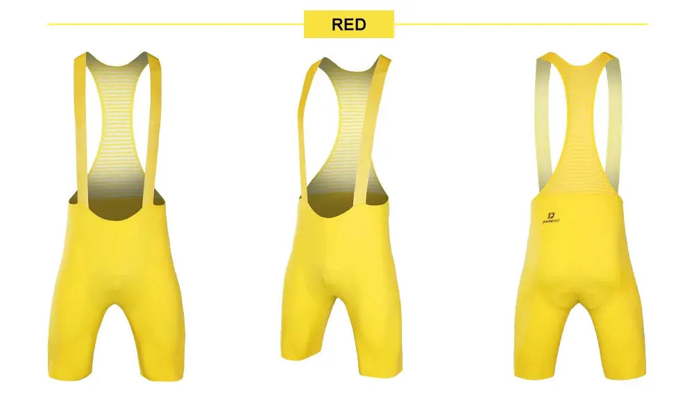 DAREVIE men's cycling bib shorts in yellow with striped gray bib straps; back logo visible
