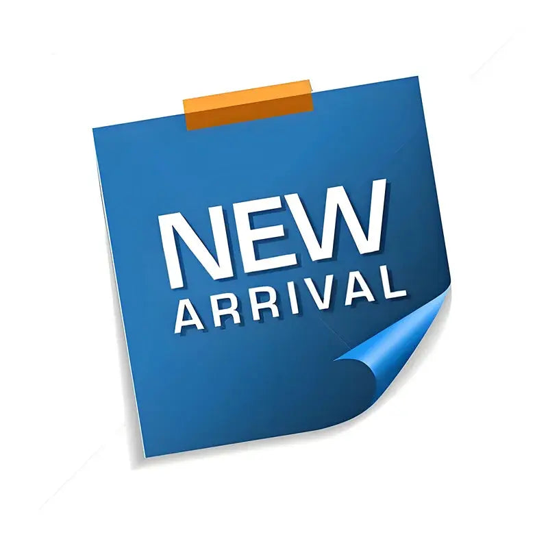 New arrival blue sticker graphic with curled bottom-right corner.