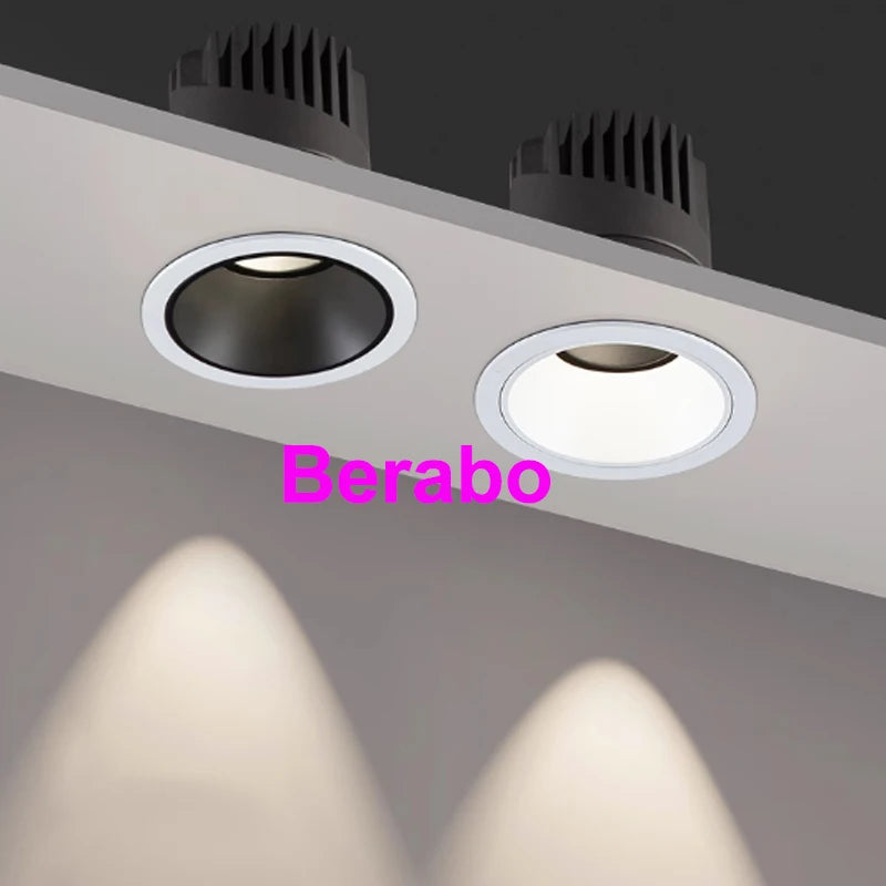 Berabo recessed LED downlights, white trim, COB dimmable anti-glare.