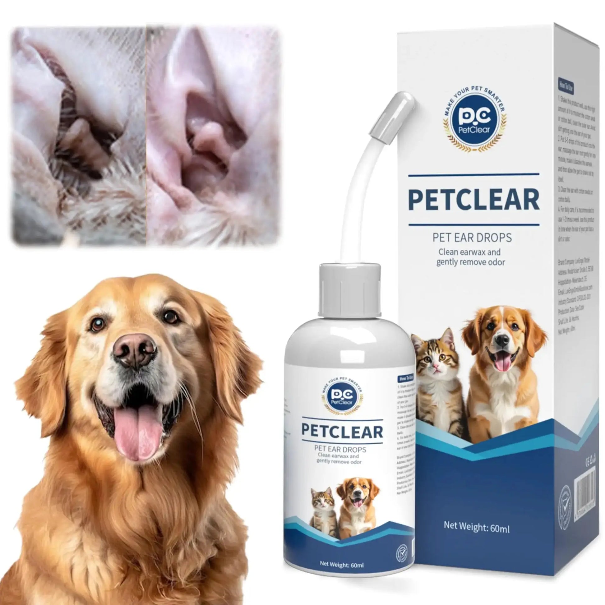 PetClear 60ml natural ear drops by Simples Market; dog and cat ear care with dropper bottle and boxed packaging
