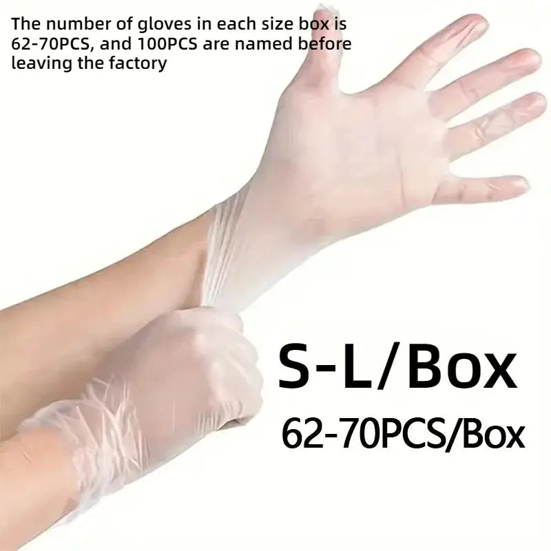 Disposable TPE gloves, clear, worn on a hand; S-L box containing 62-70 pcs