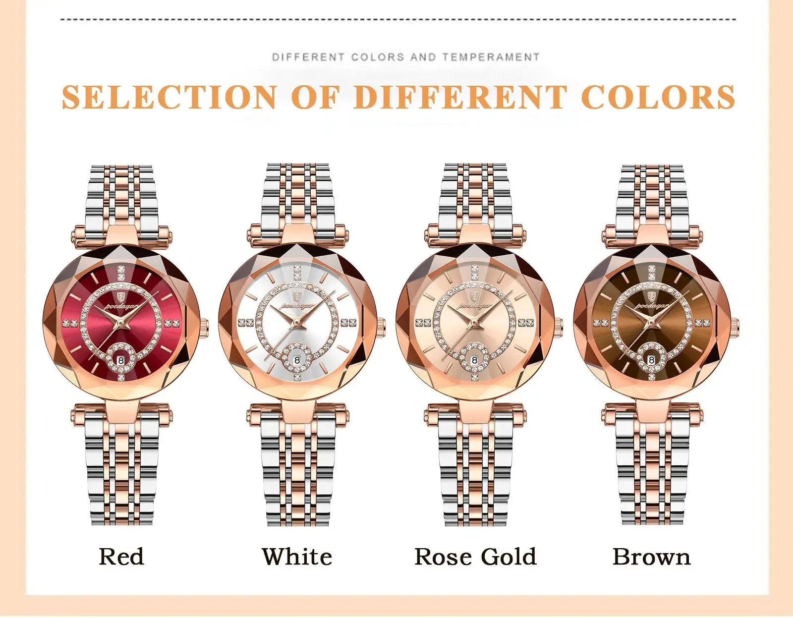 POEDAGAR women's wristwatch set in four colors with stainless steel two-tone bracelet and crystal bezel
