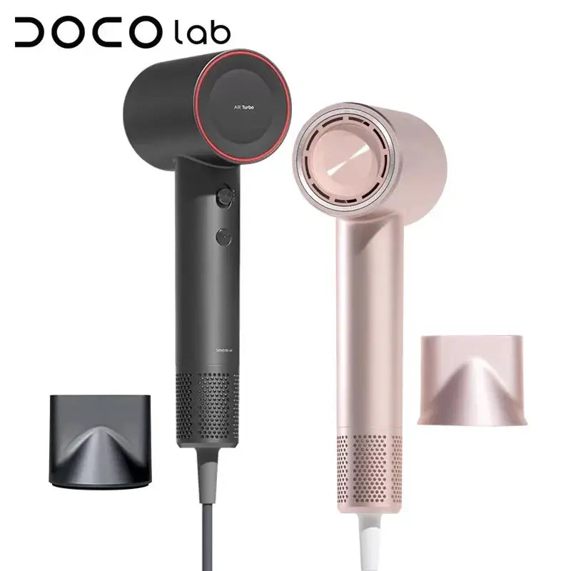 DOCO lab hair dryer in black and rose gold with nozzle attachments; 2 units shown by Simples Market