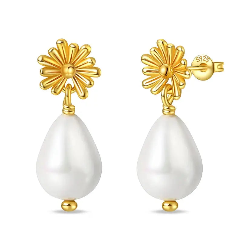 Gold floral earrings with pearl teardrop dangle on 925 silver posts
