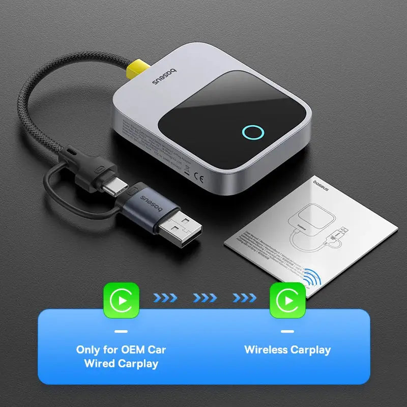 Baseus wireless CarPlay adapter with white/silver body and braided cable
