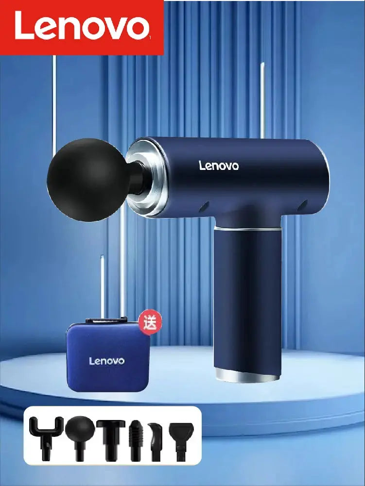 Lenovo fascia gun massage device, blue with black head, includes six interchangeable attachments and blue Lenovo case.
