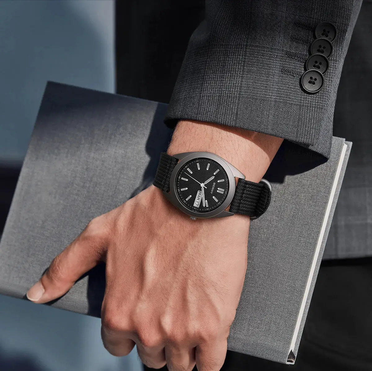 BERNY titanium men's watch with black dial, date/week window, 38mm case, 10ATM, fabric strap