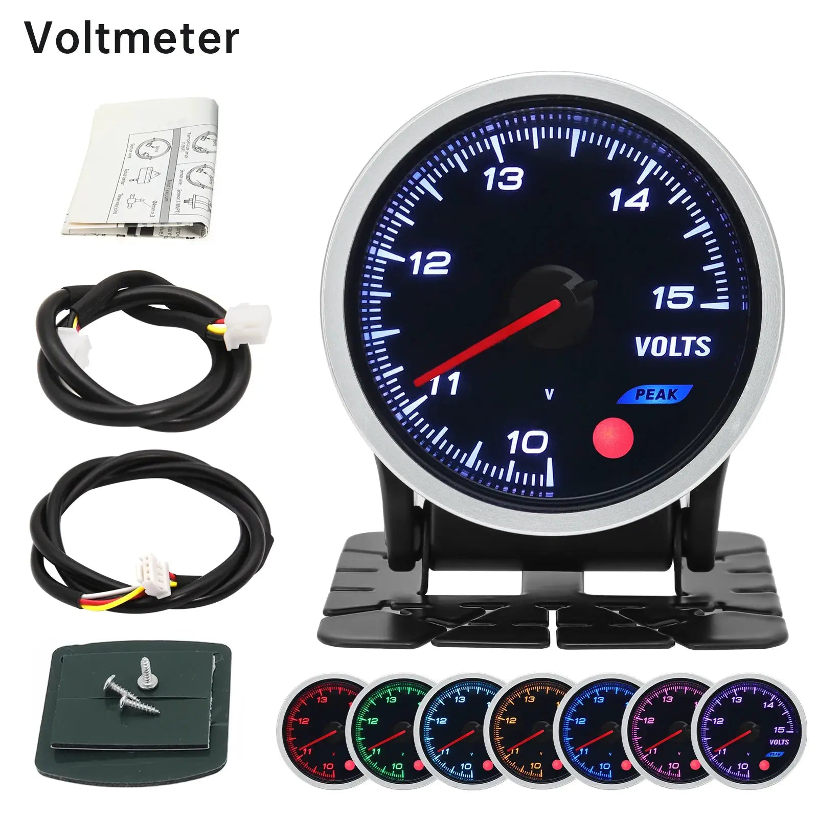 Voltmeter gauge kit, 52mm 12V, 8 color faces; includes wiring harness, mounting bracket, screws.