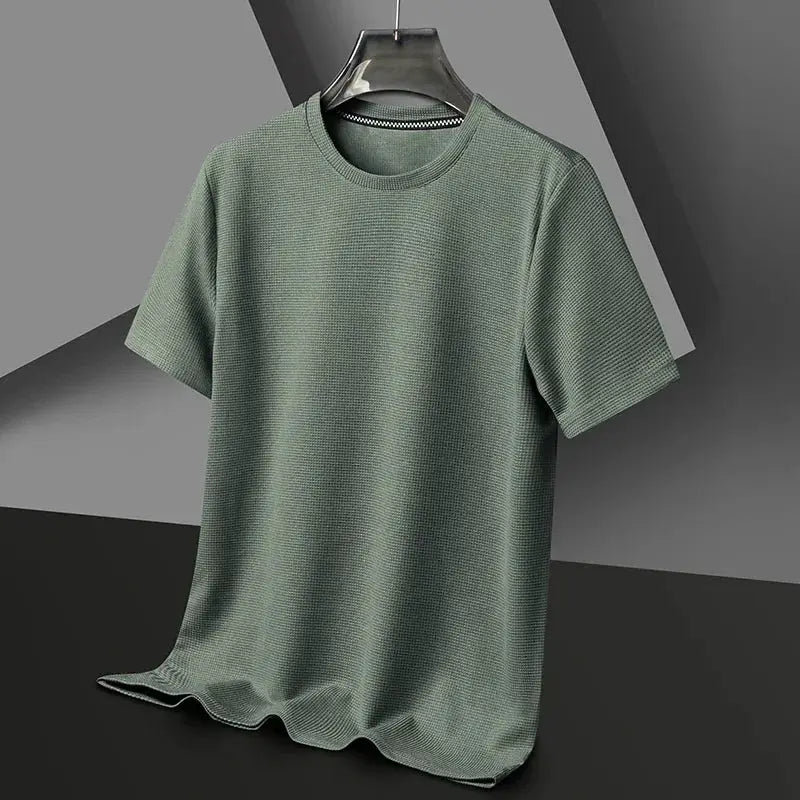 New Summer Waffle Round Neck Short Sleeve T Shirt For Men Comfortable Breathable Everyday Top