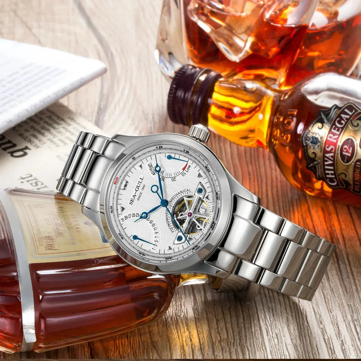 Seagull stainless steel men's automatic mechanical watch with sapphire crystal and multifunction calendar dial