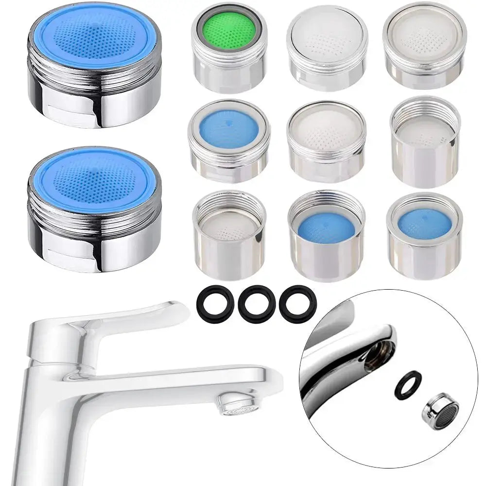 Simples Market water-saving faucet aerator set; 20/22/24/28mm, chrome finish; male/female nozzles, diffusers, O-rings.
