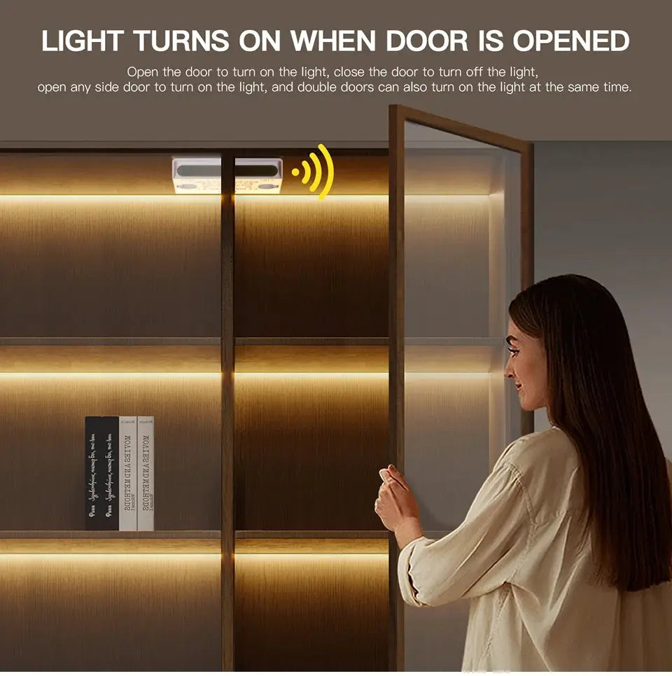 White smart door proximity sensor with 12V COB LED under-cabinet lighting for wardrobe and kitchen