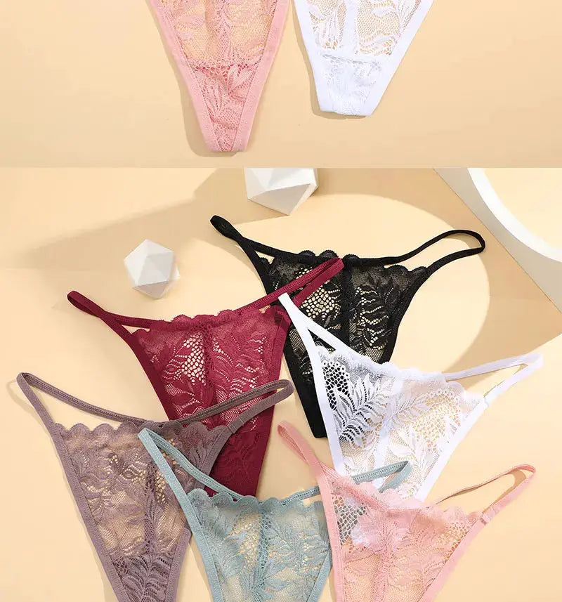 Six-piece women's low-rise lace thong set in assorted colors (pink, white, black, burgundy, lavender, teal)
