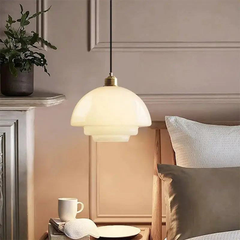Nordic glass pendant lamp by Simples Market with warm LED, E27, dome-shaped white glass, modern dining room light.