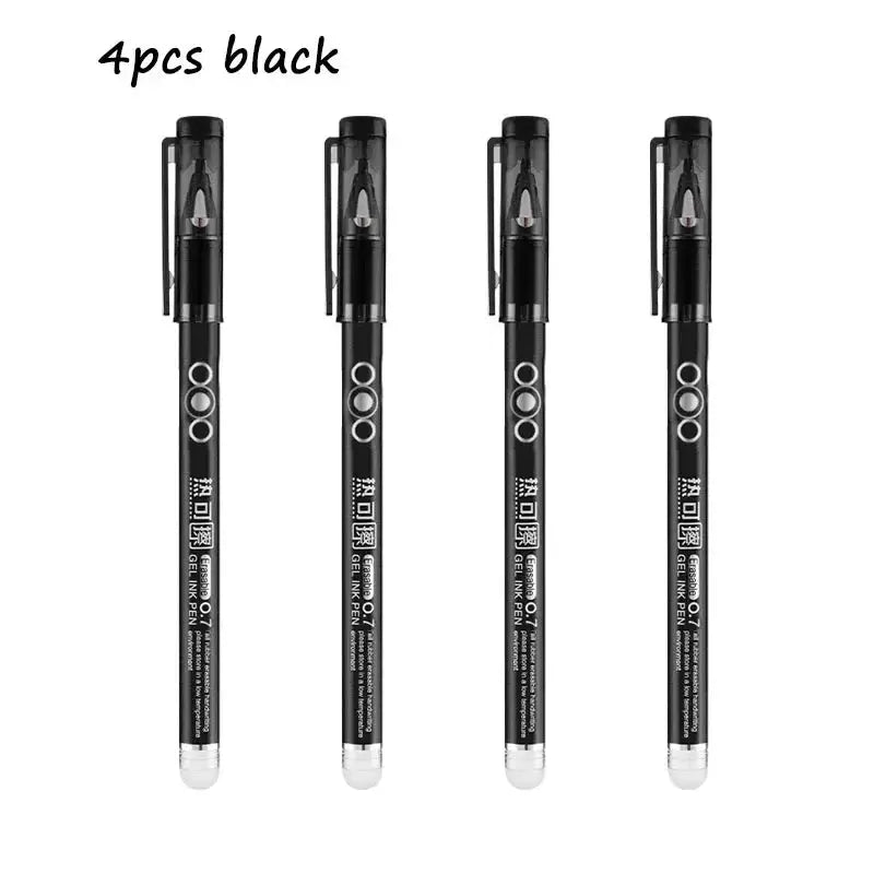 Heat erasable gel pens, 0.7mm tip, black-bodied pens with clear caps, set of 4