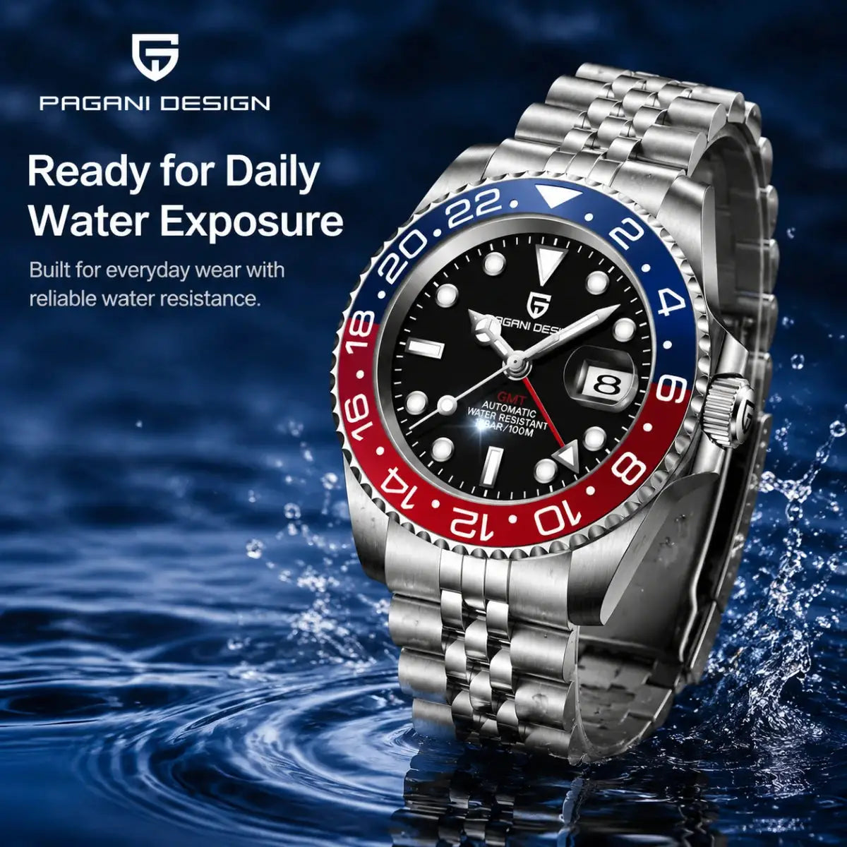 Pagani Design stainless steel GMT men's watch with blue-red bezel and sapphire crystal