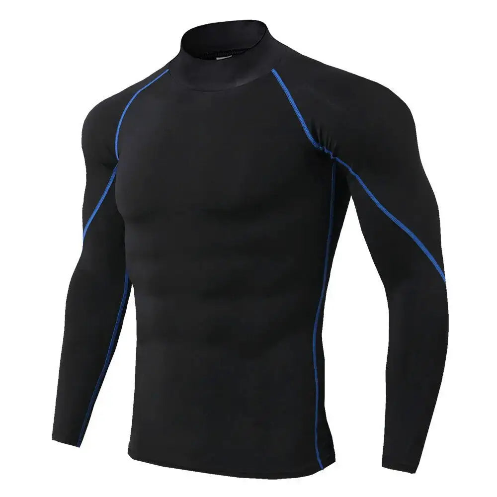 Men's black long-sleeve compression athletic shirt with blue contrast seams