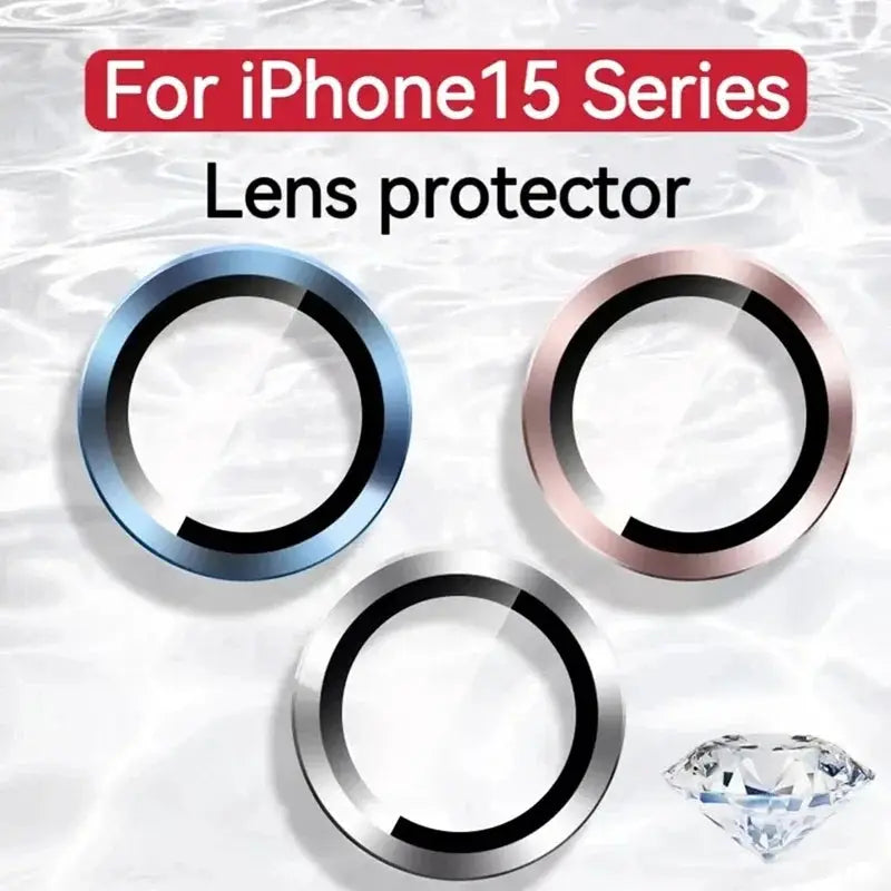 3-pack metal lens protectors for iPhone camera lenses in blue, rose gold, and silver