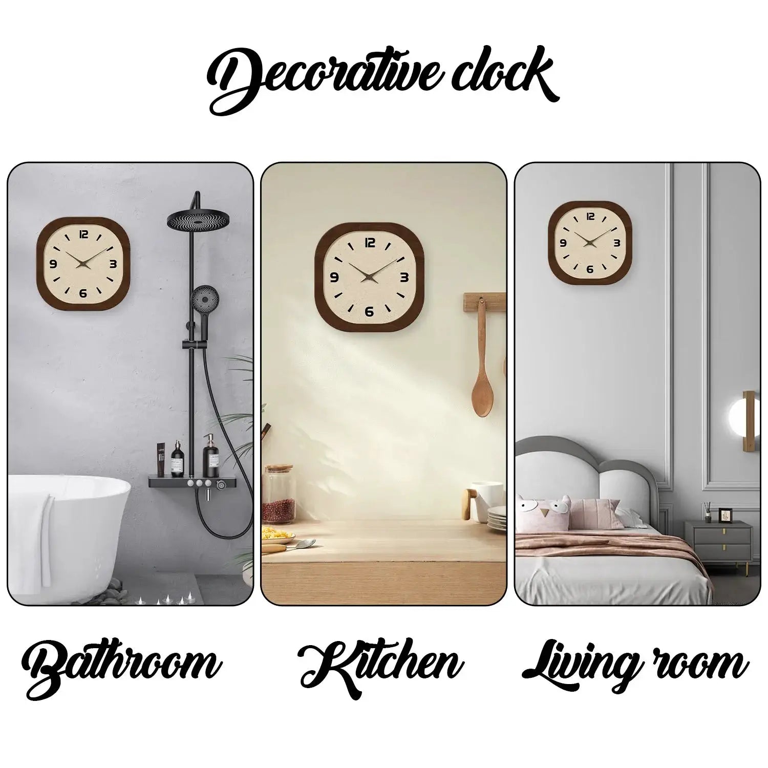 French-style cream wooden square wall clock by Simples Market; three clocks shown in bathroom, kitchen, living room