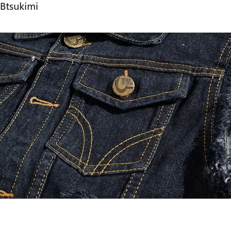 Denim sleeveless vest in dark blue with yellow stitching and front pocket flap, by Btsukimi.
