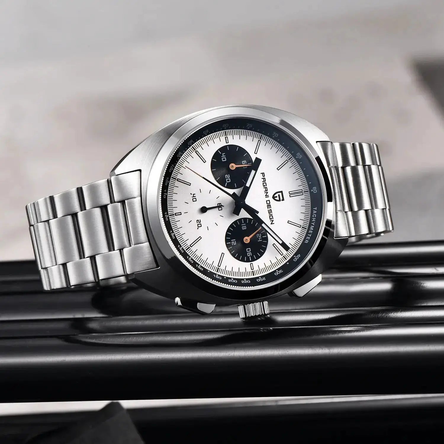 Pagani Design panda dial men's chronograph watch with sapphire glass and stainless steel bracelet