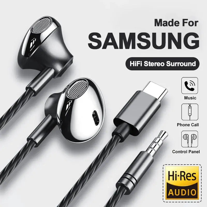 SoundWave USB Type C Earbuds HiFi Bass Microphone And Volume Control For Galaxy S24 S23 S22 S21 And iPhone 15 Pro Max