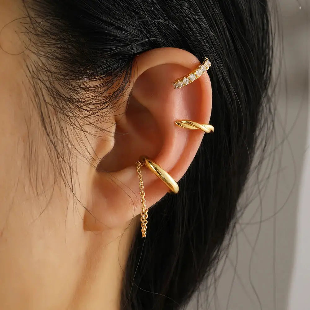 3pc crystal gold ear cuff set for non-piercing cartilage clips with dangling chain hoop