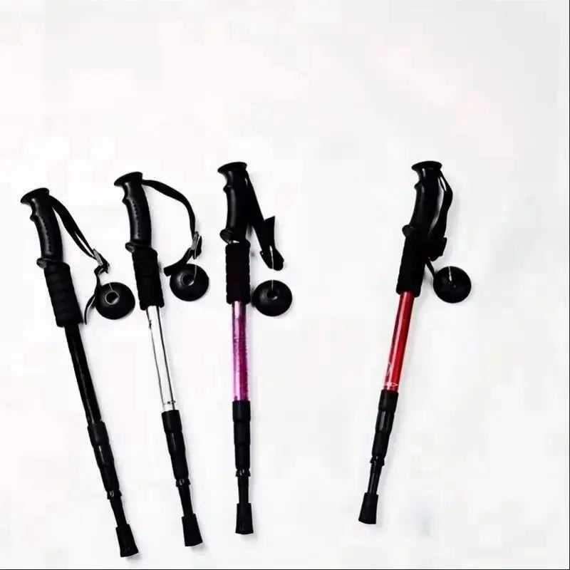Trekking poles Simples Market with shock absorption, foldable ultralight design; 4-pack in black, silver, purple, red.
