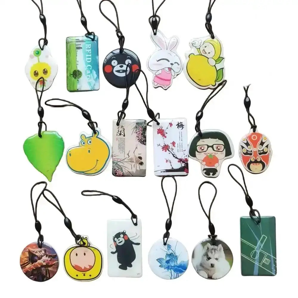 Key fob set with 30 waterproof 13.56MHz UID RFID rewritable tags on lanyards; assorted shapes and designs