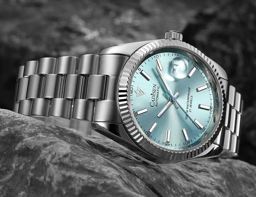 CADISEN men's automatic watch with blue dial and stainless steel bracelet, 100M water resistant.