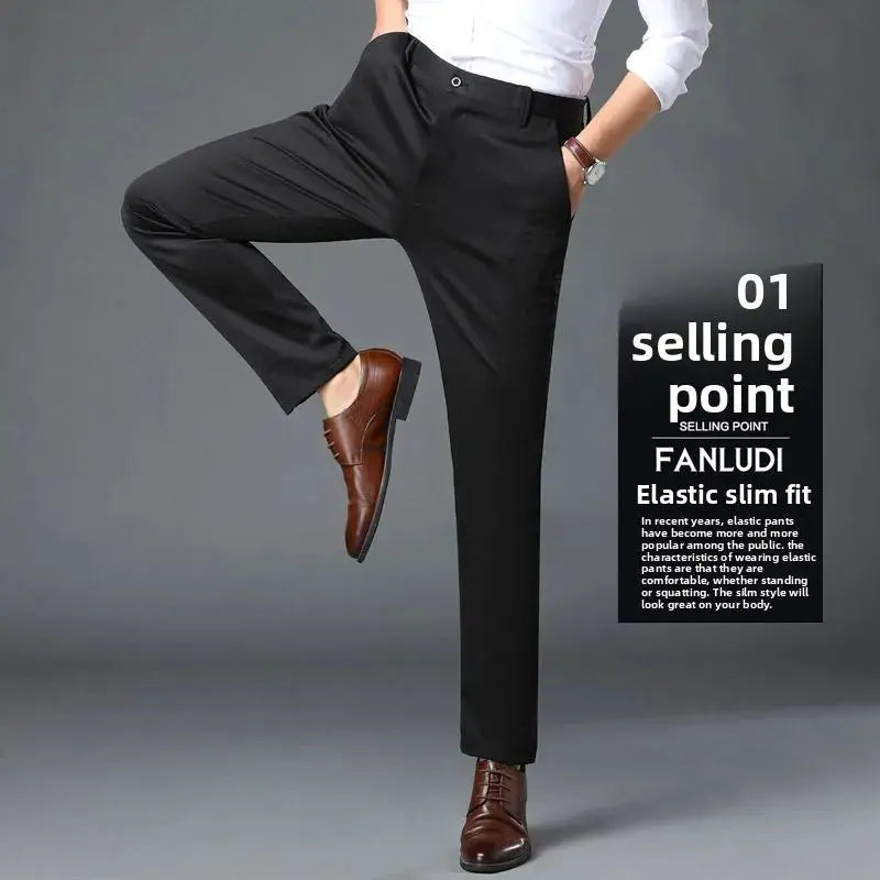 Simples Market elastic waist dress pants for men, black slim-fit office trousers.