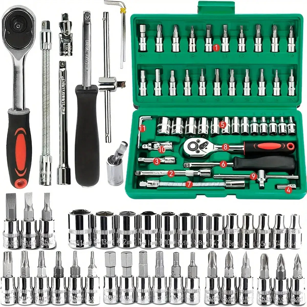 46 Piece Family Tools One Quarter Inch Drive Mechanic Tool Kit For Auto Repair With Sockets And Ratchet Wrench