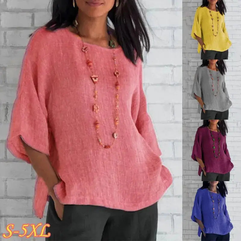 Cotton Blouse Shirt O Neck Three Quarter Sleeves Casual Top Women