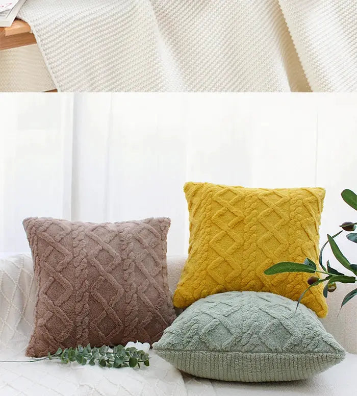 Pillow covers set of three plush lumbar cushions with cable-knit texture in brown, mustard yellow, and sage green