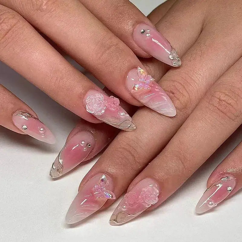 GlamNail Pink Almond Press On Nails Full Coverage Carved Flower 3D Ripple French Tips Golden Pearl Finish