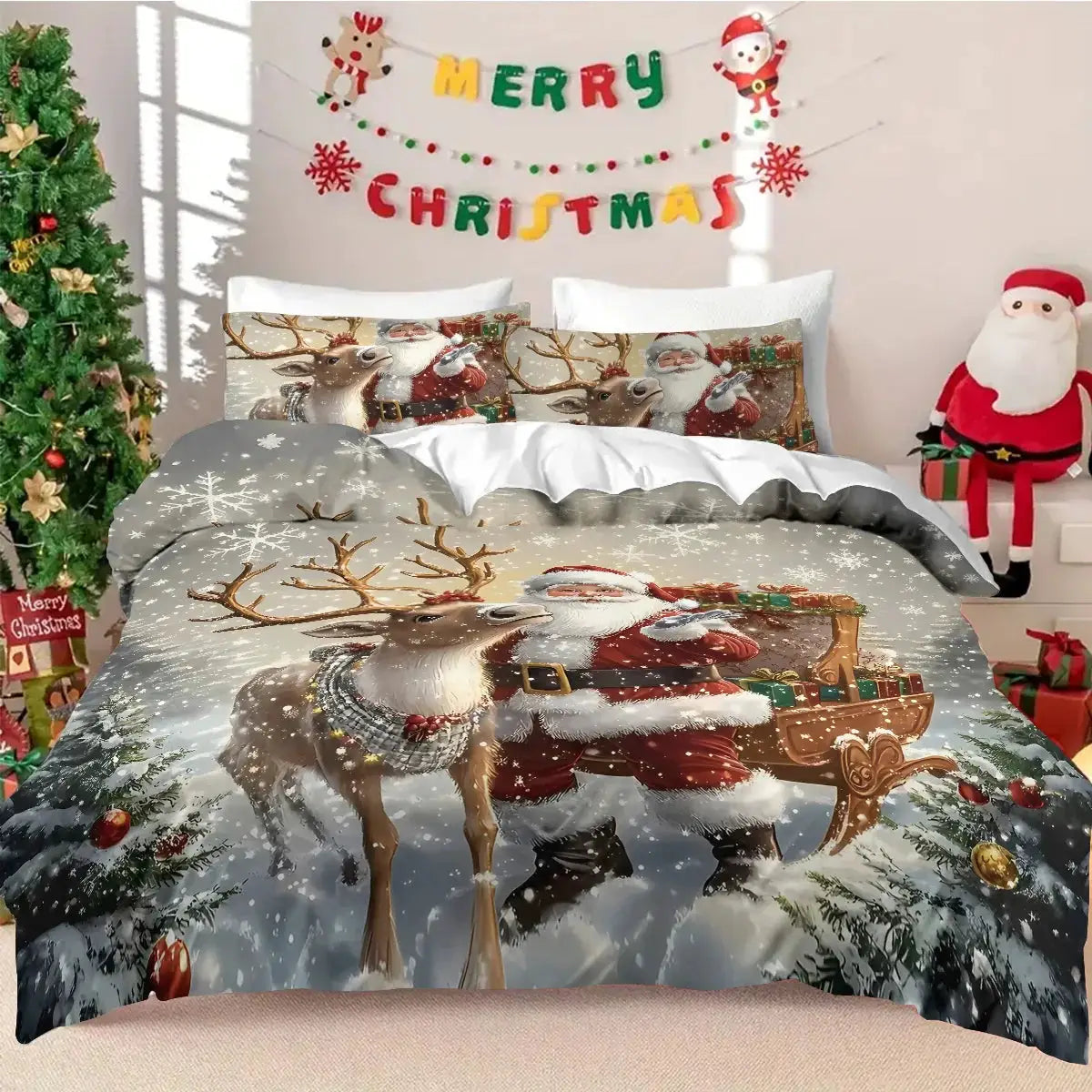 3pc Santa Claus printed bedding set with reindeer and sleigh motif; soft, machine washable.