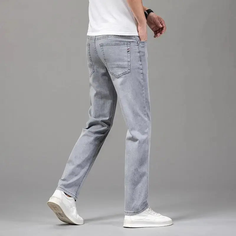 Men's gray stretch denim jeans, straight-leg fit for casual wear