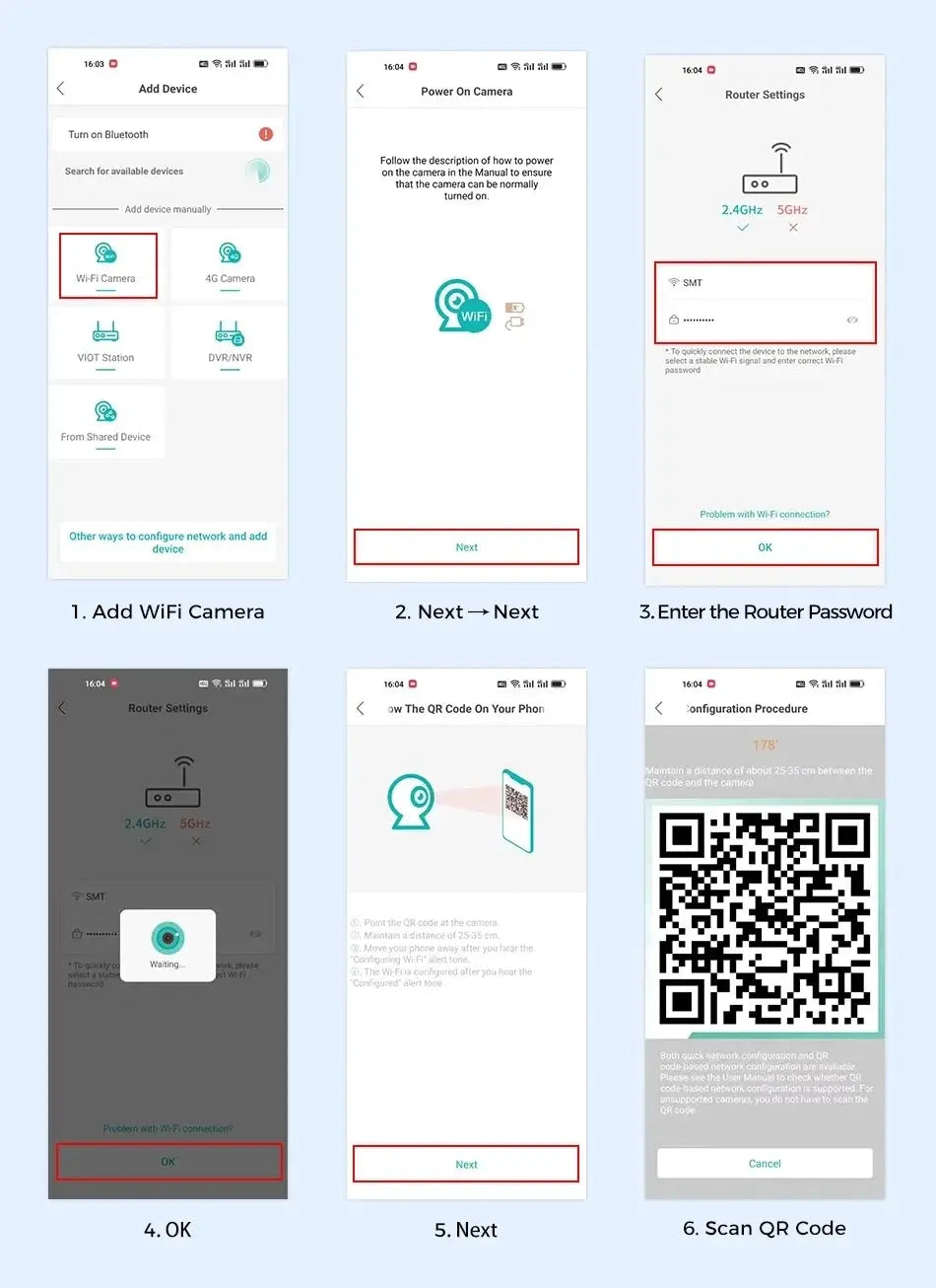 Simples Market three-lens PTZ outdoor WiFi security camera setup guide with six-step screens and QR code scan