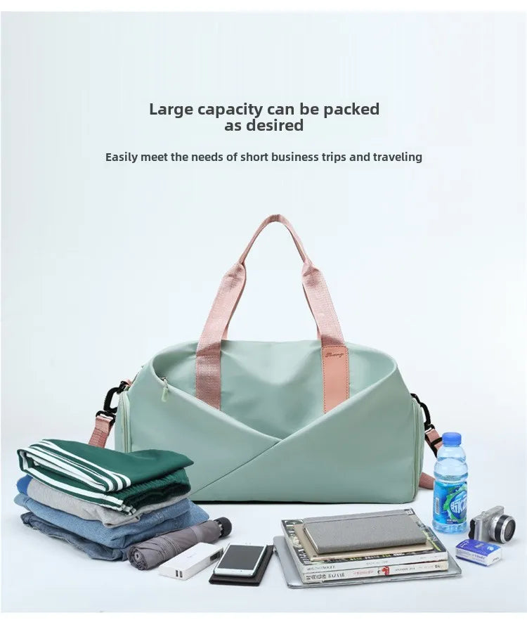 Simples Market fitness bag, mint-green large-capacity gym bag with pink handles and dry-wet separation