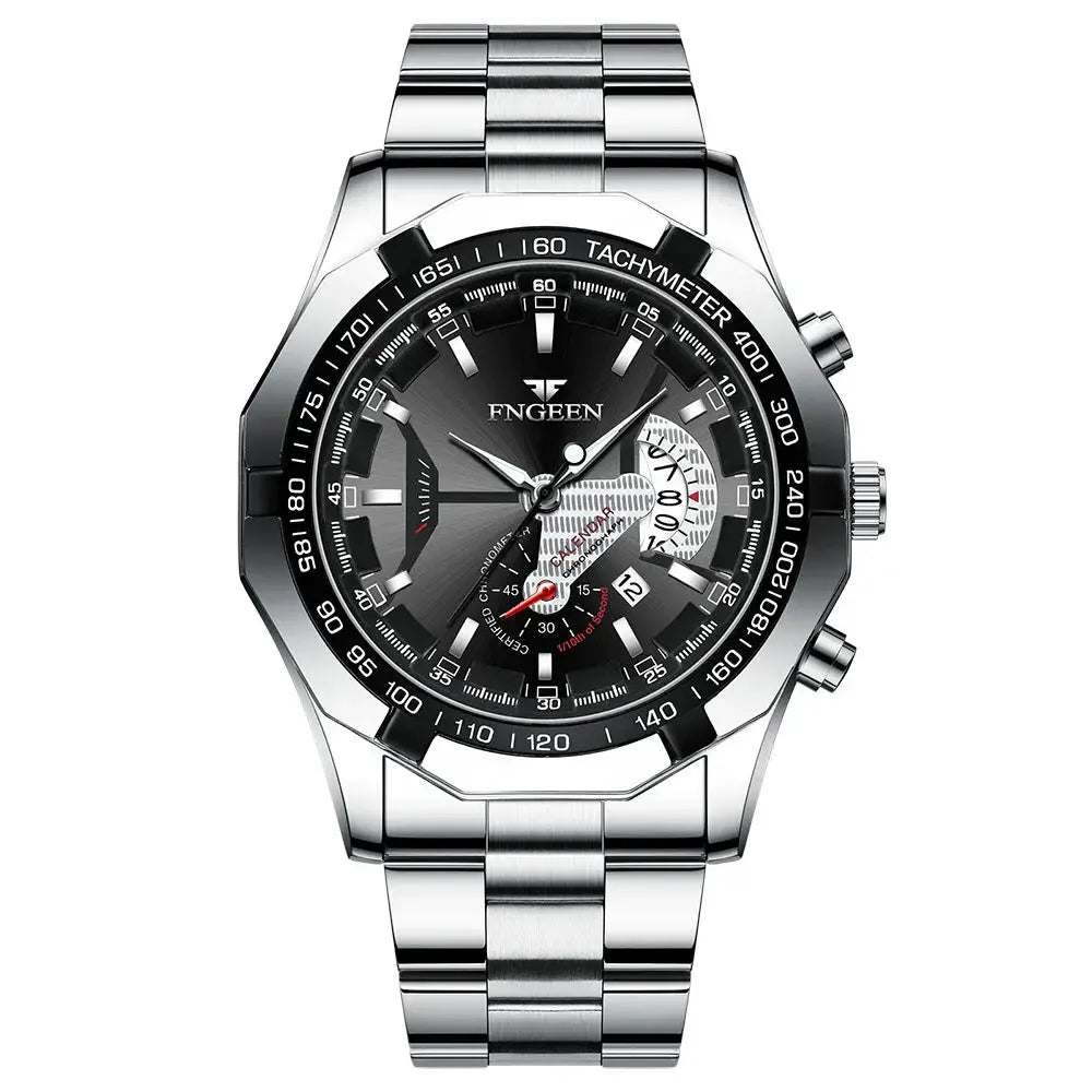 Men's stainless steel wristwatch FNGEEN with chronograph subdials and tachymeter bezel