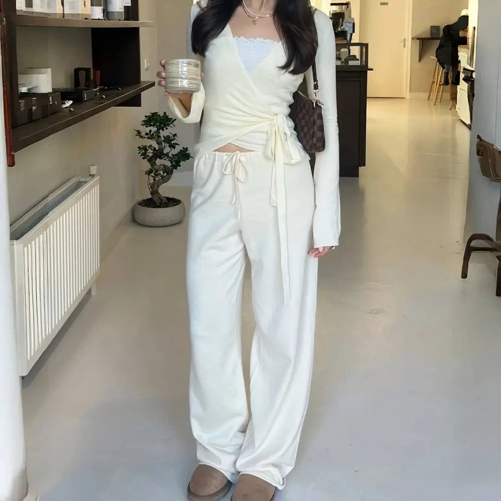 Absobe 2 Piece Leisure Suit Women Flare Sleeve Crop Cardigan Pants