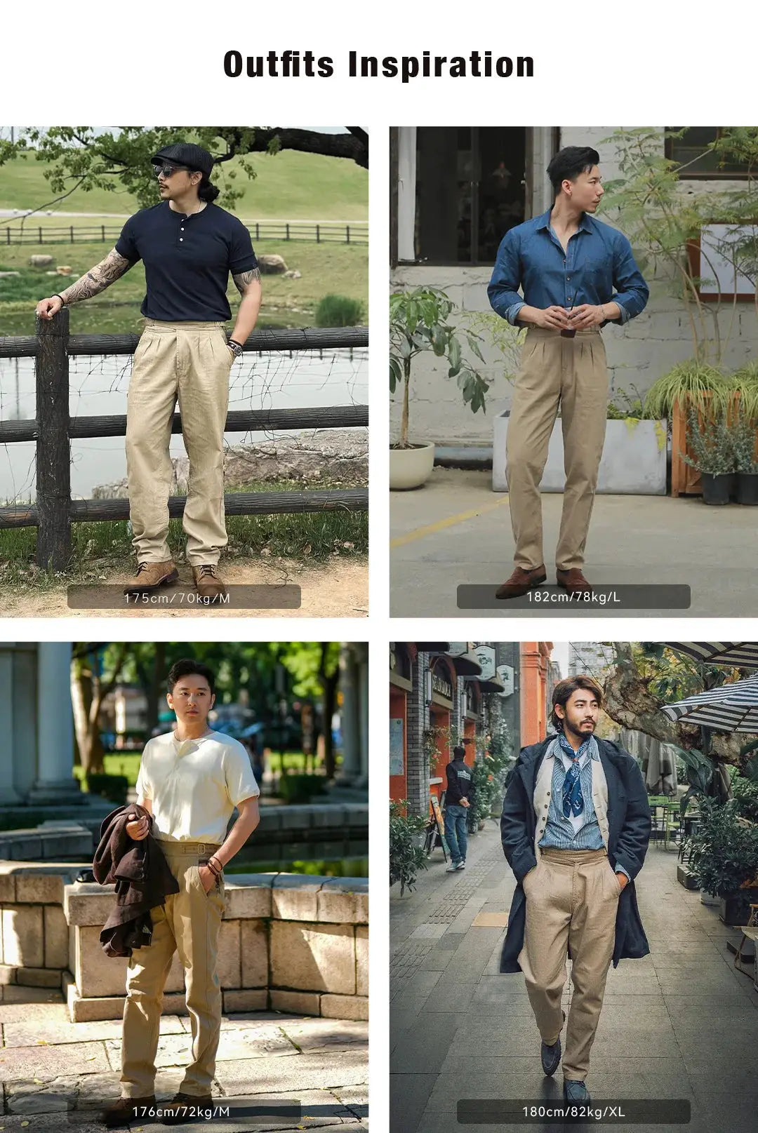 Maden Vintage Khaki Gurkha Pants; adjustable high-waist cargo work trousers, shown on four models.