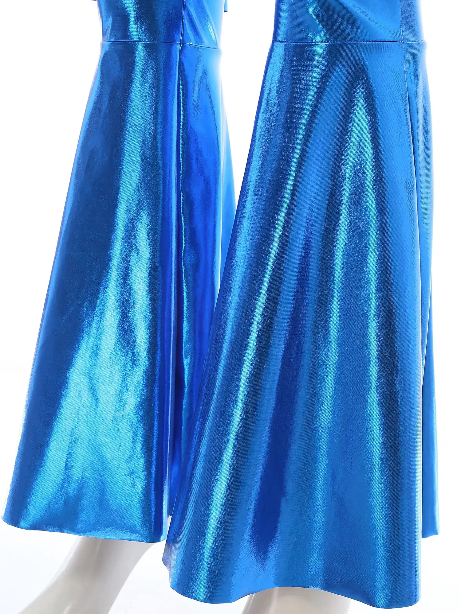 Women's blue metallic disco jumpsuit with flare-leg pants in shiny fabric
